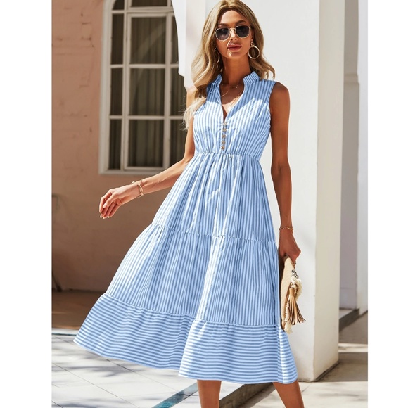 Striped Blue White V-Neck Midi Dress Sleeveless Fit & Flared - Picture 5 of 8